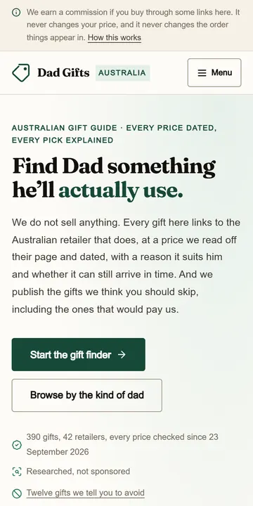 The home page of dadgifts.com.au on a phone
