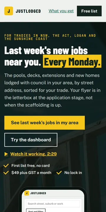 The home page of justlodged.com.au on a phone