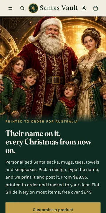 The home page of santasvault.com.au on a phone