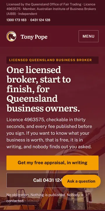 The home page of tonypope.com.au on a phone